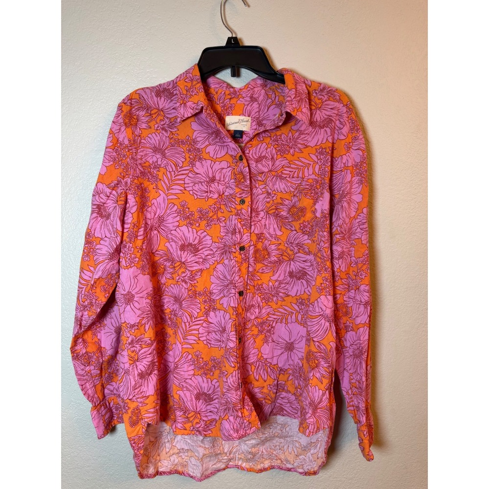 Universal Thread Pink Orange Floral Linen Blend Relaxed Fit Button Down Shirt L